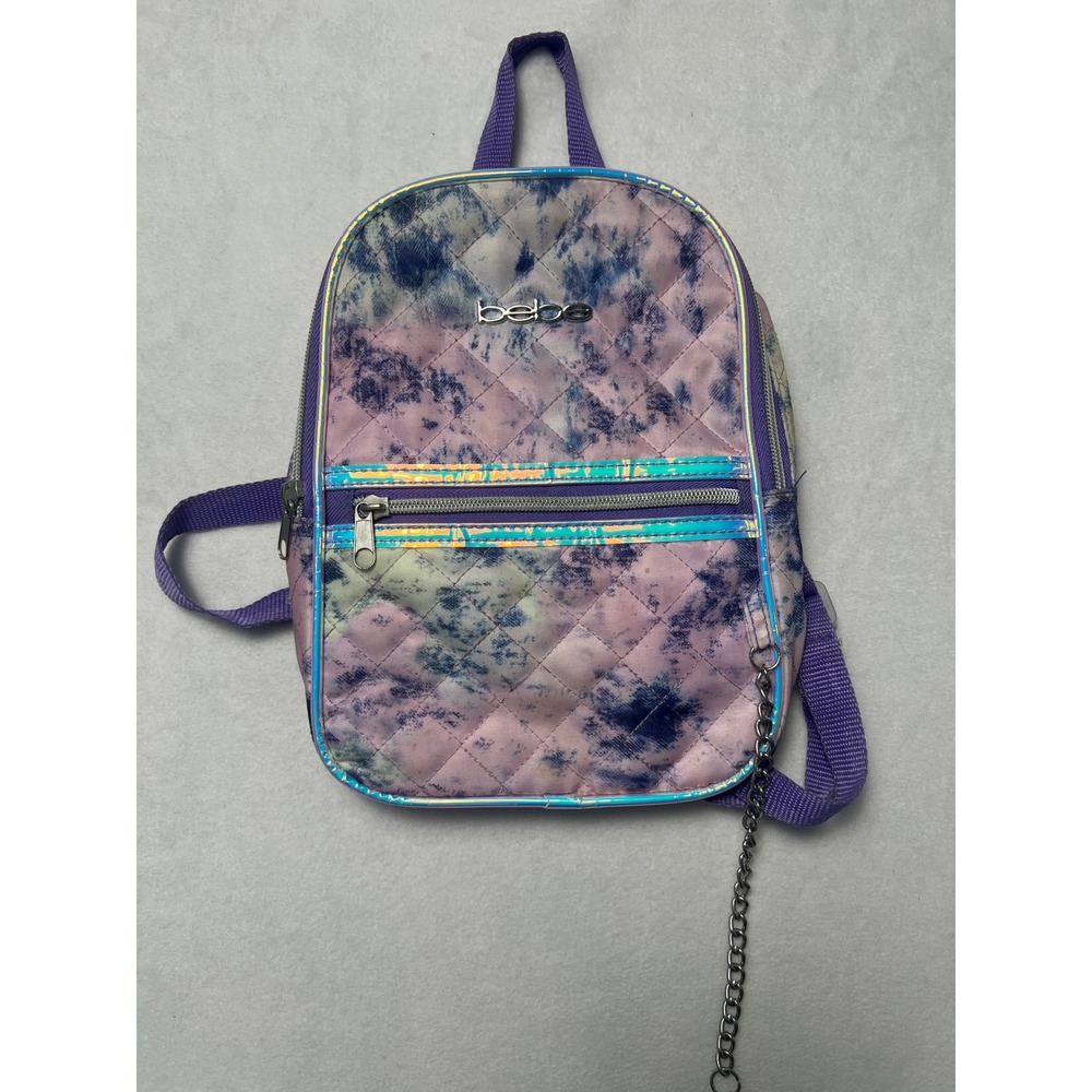 Bebe Mini Backpack Y2K Aesthetic Purple Pink Tie Dye Quilted Iridescent Trim